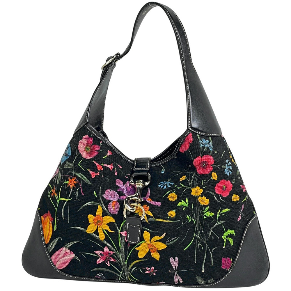 Gucci Flora Flower Shoulder Bag Hobo Canvas Black Multicolor